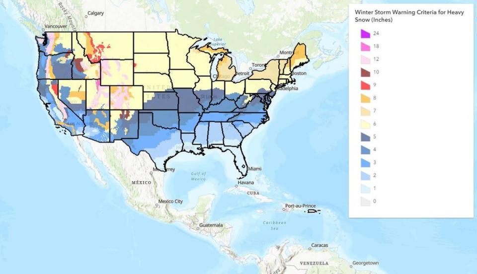 Criteria map for winter storm warning based on inches of snowfall.