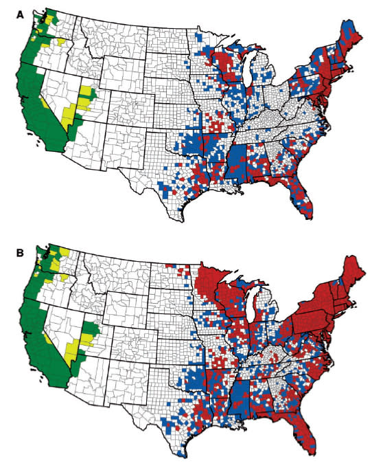 The map on top is from 1998, and the one below it is from 2015. Red indicates a county where I. scapularis is established, and blue indicates where it has been reported. Green indicates a county where I. pacificus is established, and yellow ind