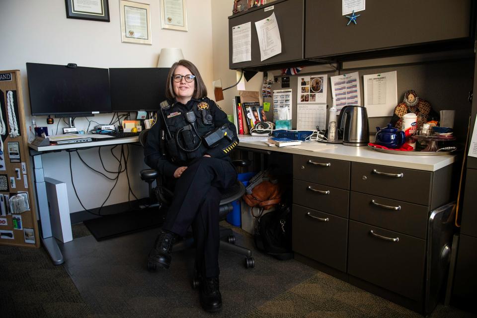 Capt. Staci Shaffer, a female in Larimer County Sheriff's Office leadership who has done a lot in leading the department's behavioral health programs, poses for a portrait on March 19.