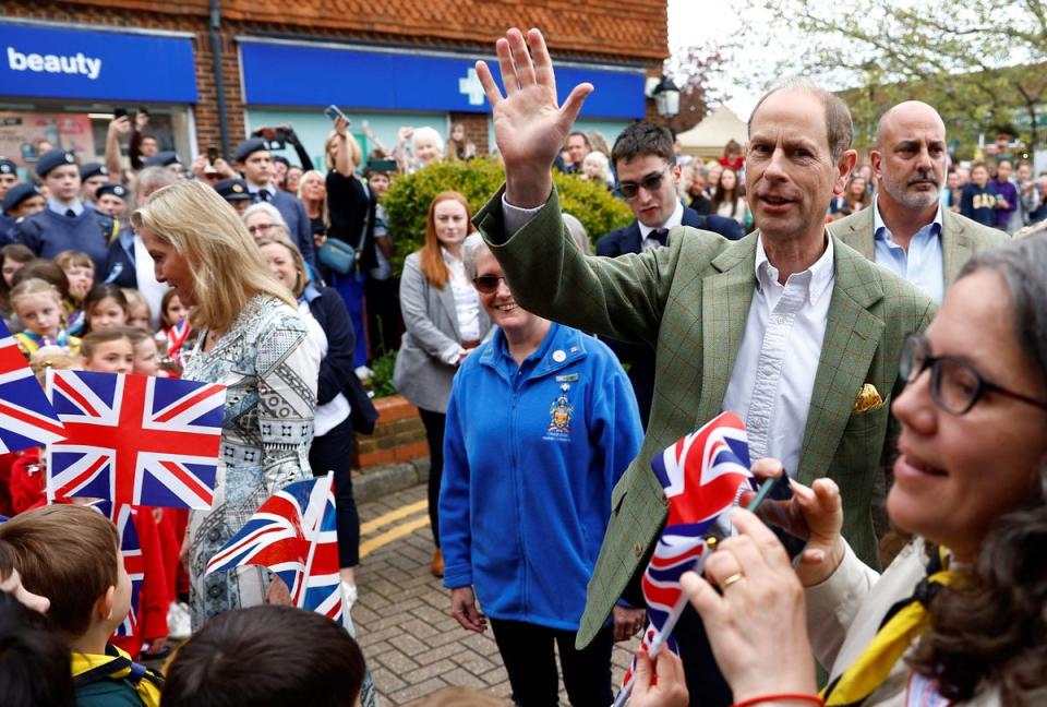 The Duke and Duchess of Edinburgh arrive at a coronation Big Lunch in Cranleigh Village Hall on Sunday, May 7 (POOL/AFP via Getty Images)