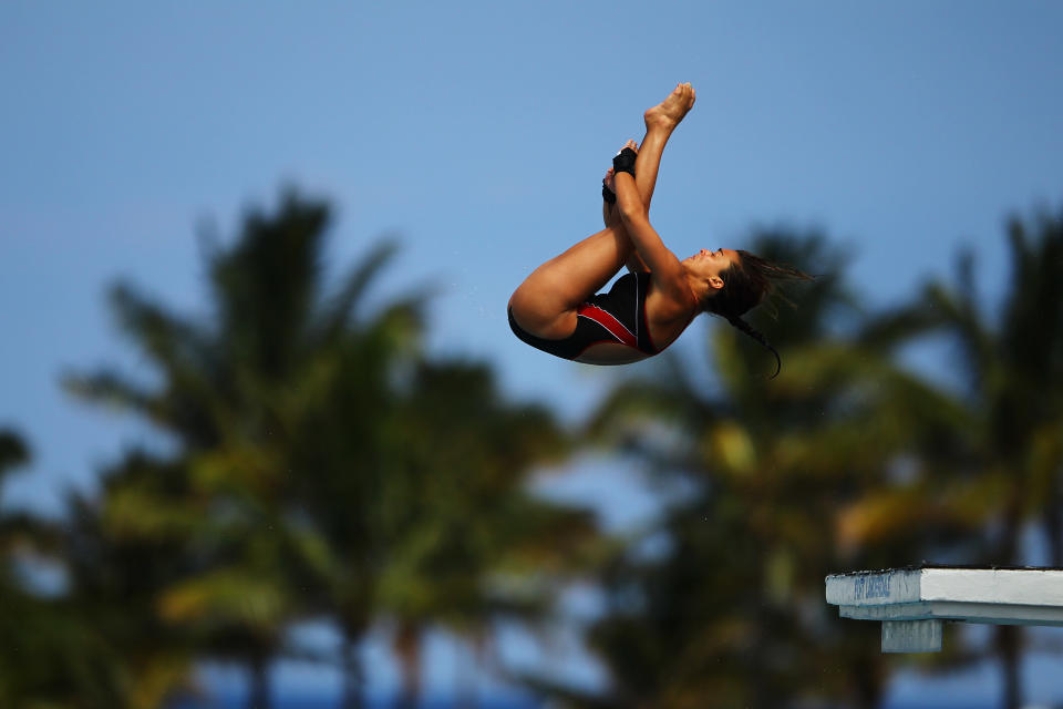 FORT LAUDERDALE, FL - MAY 11: Meaghan Benfeito of Canada dives during the Womens 10m Platform Semi Final at the Fort Lauderdale Aquatic Center on Day 2 of the AT&T USA Diving Grand Prix on May 11, 2012 in Fort Lauderdale, Florida. (Photo by Al Bello/Getty Images)