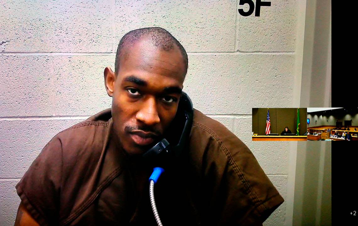 Suspect Devontea Wright, 27, appears Friday in Benton County Superior Court via a video link after being taken into custody on Benton County charges from a May incident at a Kennewick bar.