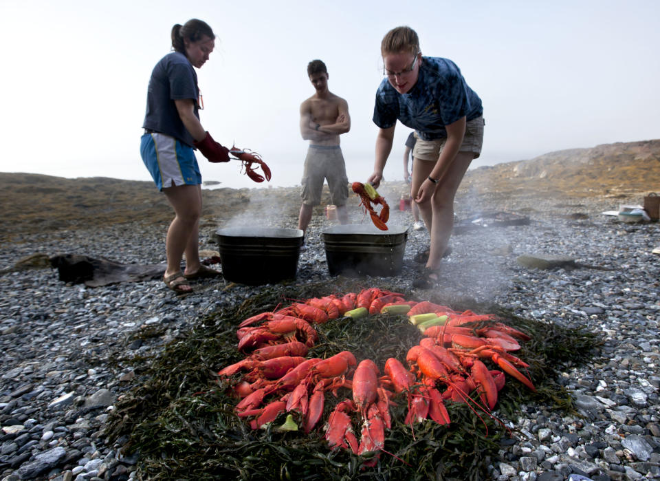 In this photo made Thursday, August 2, 2012, Maggy Mulhern, left, and Katharine Mead, prepare a lobster bake for dinner on the shore of a small island in Penobscot Bay Maine. (AP Photo/Robert F. Bukaty)