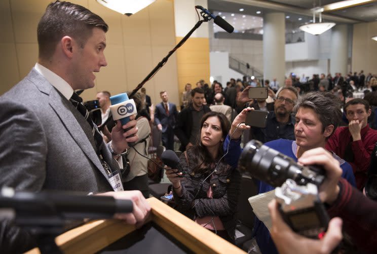 Richard Spencer, head of the white nationalist think tank National Policy Institute, faces the media at an alt-right conference in Washington. (Photo: Linda Davidson/ Washington Post via Getty Images)