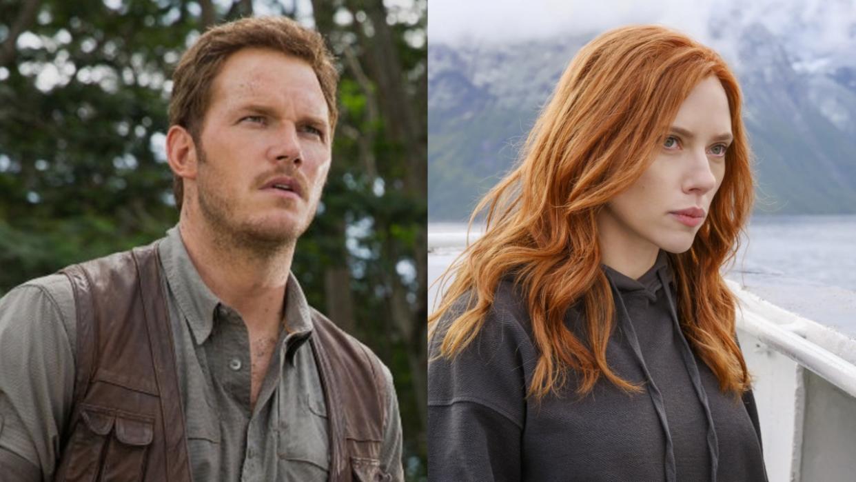  Chris Pratt as Owen Grady in Jurassic World looking into the distance and Scarlett Johannson with long red hair with a scenic background in Black Widow. 