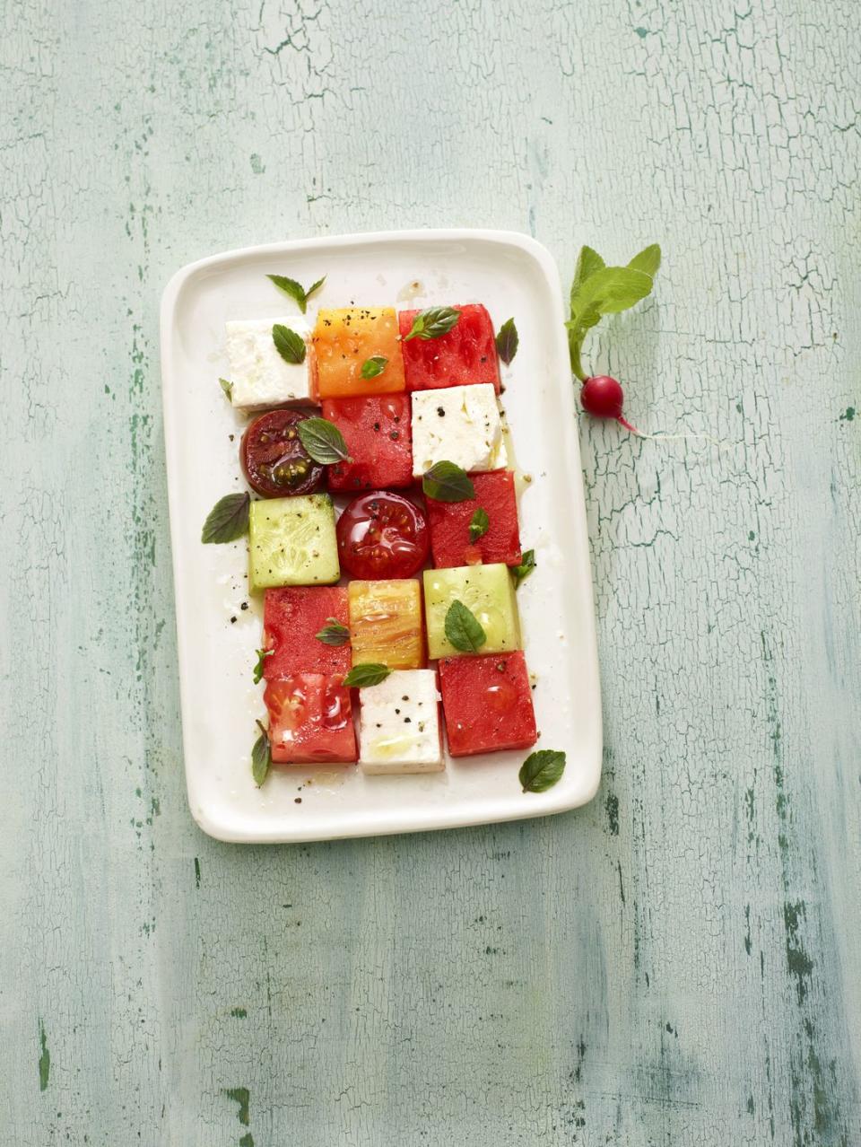 <p>If you want to keep the cube trend going, transform an appetizer into a work of art. Arrange cubed watermelon, cucumber, beefsteak tomatoes, feta and halved cherry tomatoes into a grid. Then drizzle olive oil on top with a dash of salt, pepper and mint! </p>