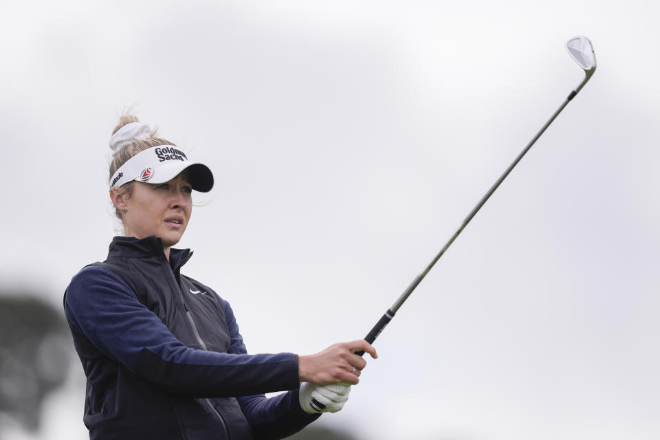 Nelly Korda watches her shot from the 17th tee during the final round of LPGA's Fir Hills Seri Pak Championship golf tournament Sunday, March 24, 2024, in Palos Verdes Estates, Calif. (AP Photo/Ryan Sun)
