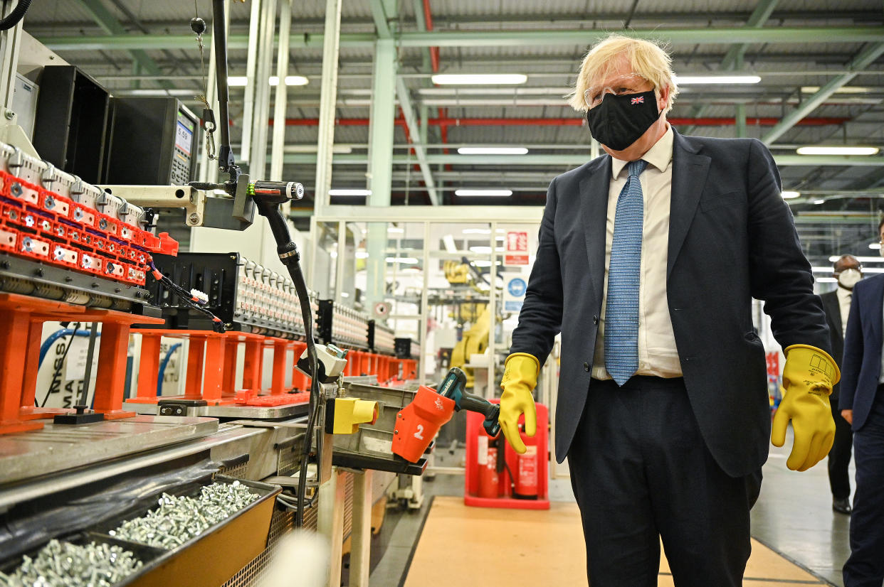 Prime Minister Boris Johnson visits the Envision AESC Holding Ltd battery manufacturing facility inside the Nissan plant in Sunderland following the announcement by the car company that it is to create thousands of jobs making batteries for electric vehicles at a new 'gigafactory'. Picture date: Thursday July 1, 2021.