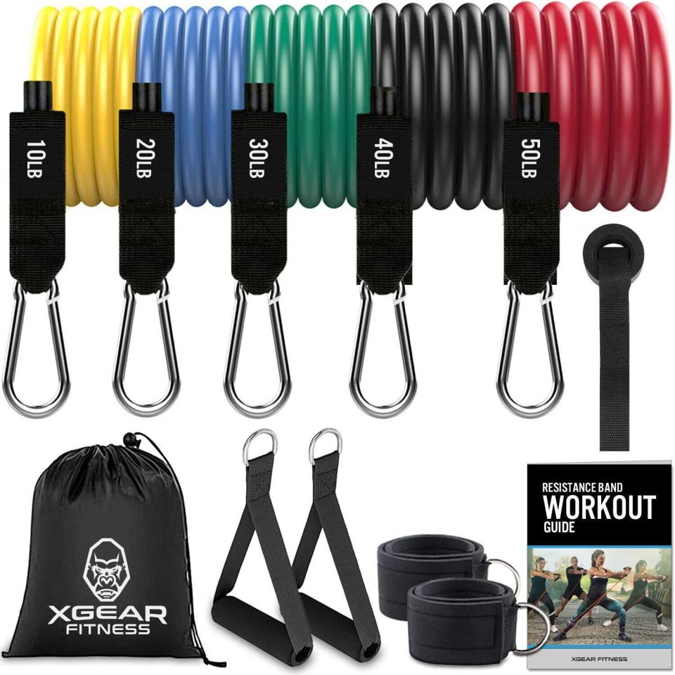 <p><strong>Xgear</strong></p><p>walmart.com</p><p><strong>$19.99</strong></p><p><a href="https://go.redirectingat.com?id=74968X1596630&url=https%3A%2F%2Fwww.walmart.com%2Fip%2F1405100717%3Fselected%3Dtrue&sref=https%3A%2F%2Fwww.prevention.com%2Ffitness%2Fg42411486%2Faffordable-workout-equipment%2F" rel="nofollow noopener" target="_blank" data-ylk="slk:Shop Now" class="link ">Shop Now</a></p><p>The secret to turning your workouts into results is to consistently add some extra challenge to your routine. And, what better way to do that than with resistance bands? As a set that ranges from 10-pound to 50-pound bands, this pick from Xgear will help you take your workout to the next level time and time again. </p>