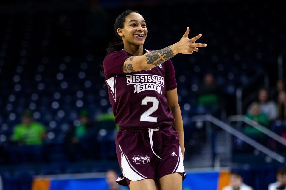 Mississippi State's JerKaila Jordan celebrates after a 3-pointer against Creighton.