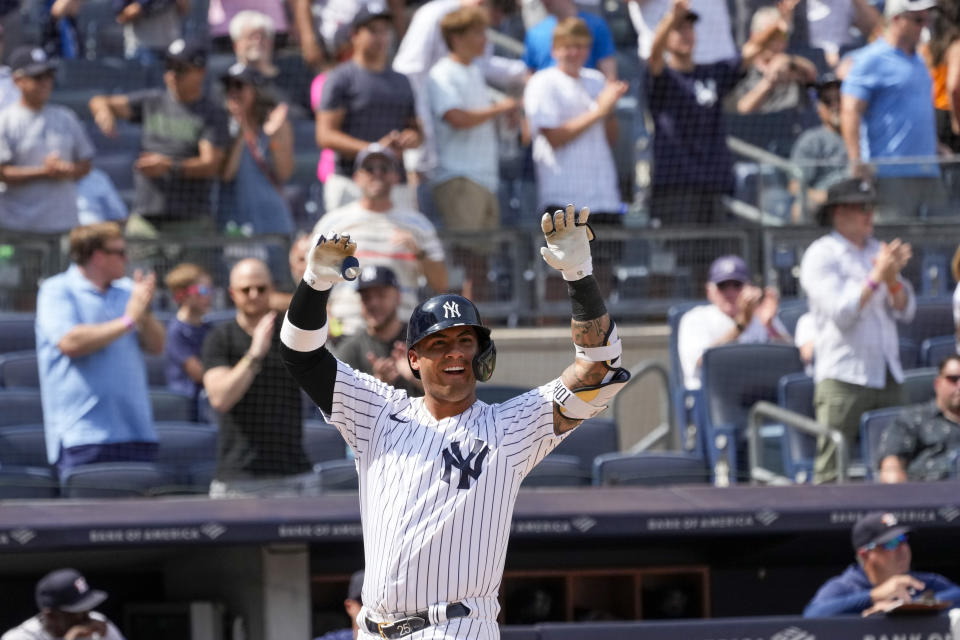 New York Yankees' Gleyber Torres celebrates after hitting a solo home run in the eighth inning of a baseball game against the Houston Astros, Saturday, Aug. 5, 2023, in New York. (AP Photo/Mary Altaffer)