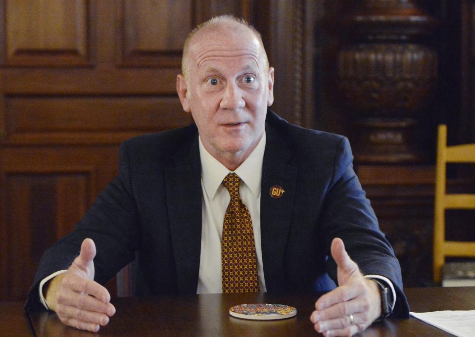 Keith Taylor, president of Gannon University, is interviewed on June 23, 2021, at his office in Erie.