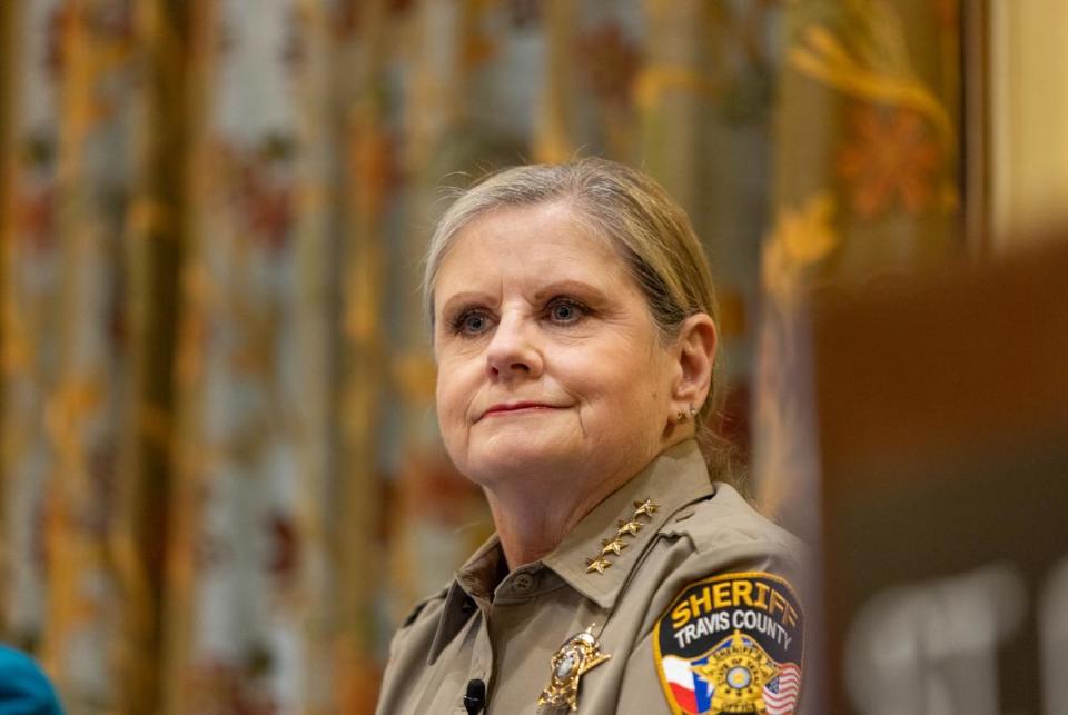 Sally Hernandez smiles as she is introduced as a panelist on Feb. 7, 2024. Hernandez is a Travis County Sheriff.