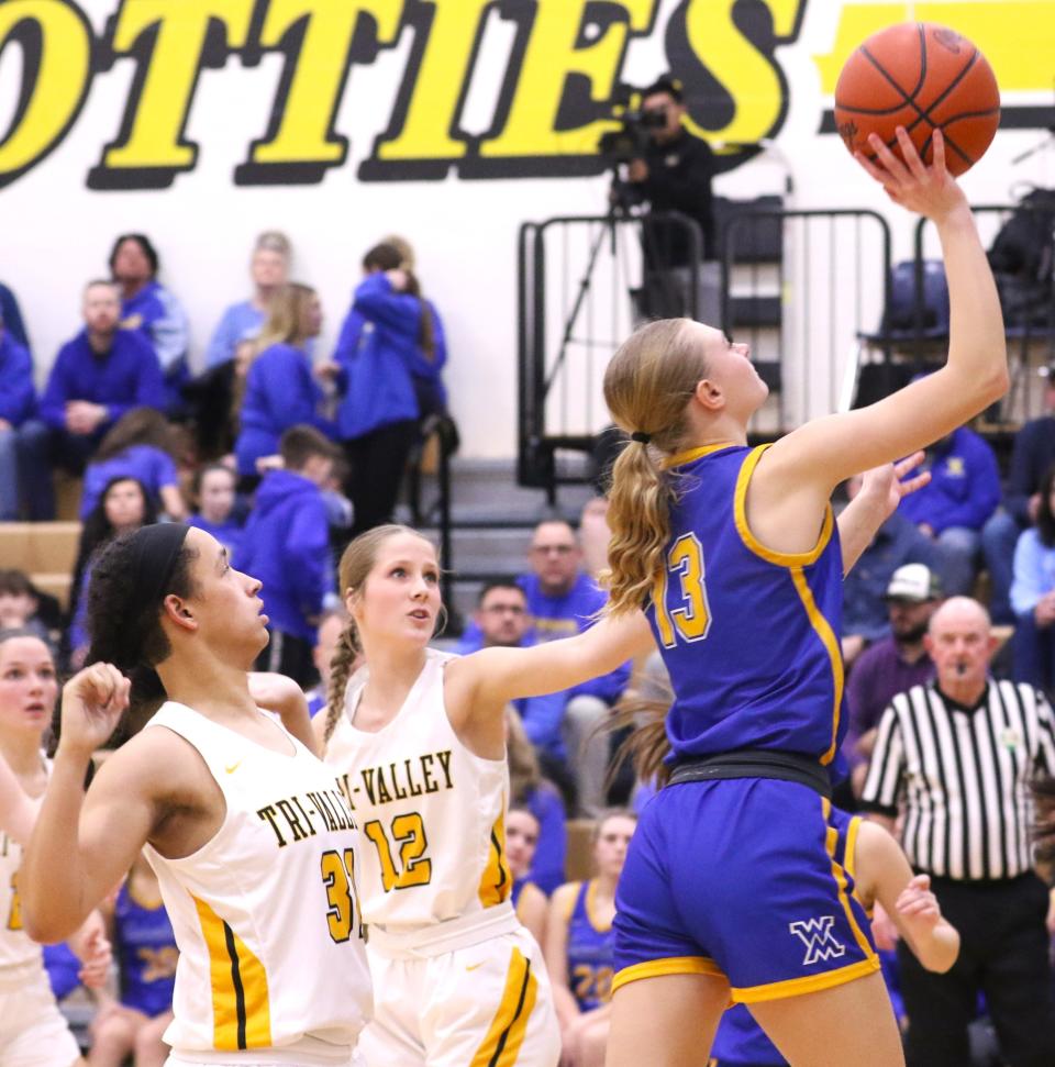 West Muskingum's Lyla Johnson drives for a layup against Tri-Valley on Wednesday. The Tornadoes won 41-26.