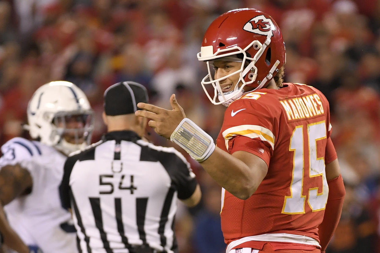 Kansas City Chiefs quarterback Patrick Mahomes (15) looks to the sideline during the first half of the team's NFL football game against the Indianapolis Colts in Kansas City, Mo., Sunday, Oct. 6, 2019. (AP Photo/Reed Hoffmann)