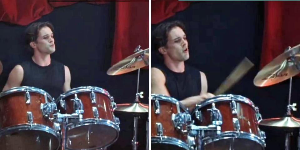 Side-by-side of drummer from Dewey's band playing the drums