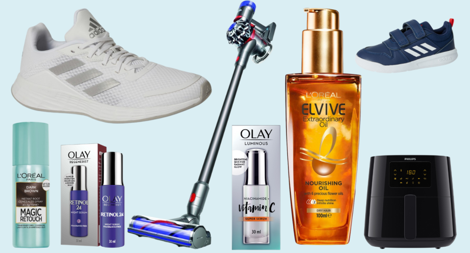 Montage of BIG W products from shoes, to cosmetics, Dyson stick vacuum cleaner, and black air fryer.