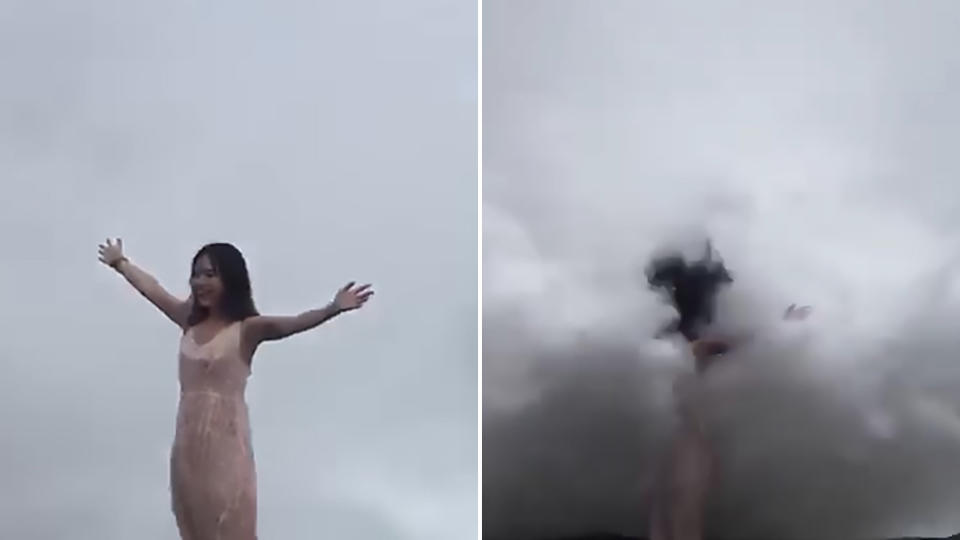 A woman posing for photos in Bali has been hit by a huge wave. Source: AsiaWire/ Australscope