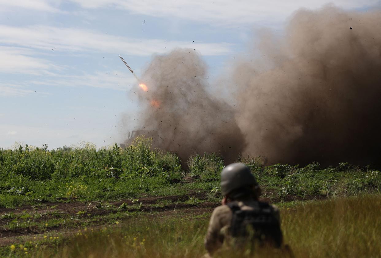 A rocket is seen launched from BM-21 ‘Grad’ multiple rocket launcher towards Russian positions, near Bakhmut in the Donetsk region (AFP via Getty Images)