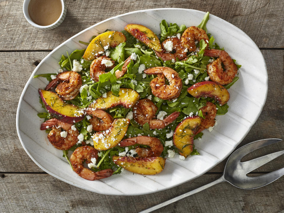 Shrimp and Marinated Peach Salad with Blue Cheese and Caramelized Shallot Vinaigrette