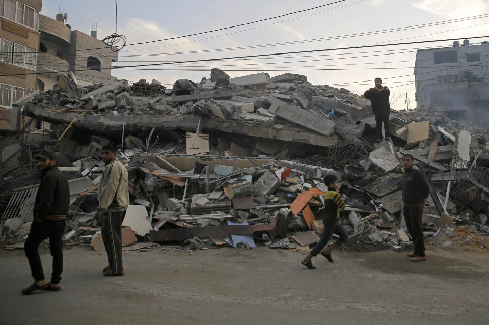 A residential building was destroyed by Israeli airstrikes, in Gaza City, Tuesday, Nov. 13, 2018. (AP Photo/Hatem Moussa)