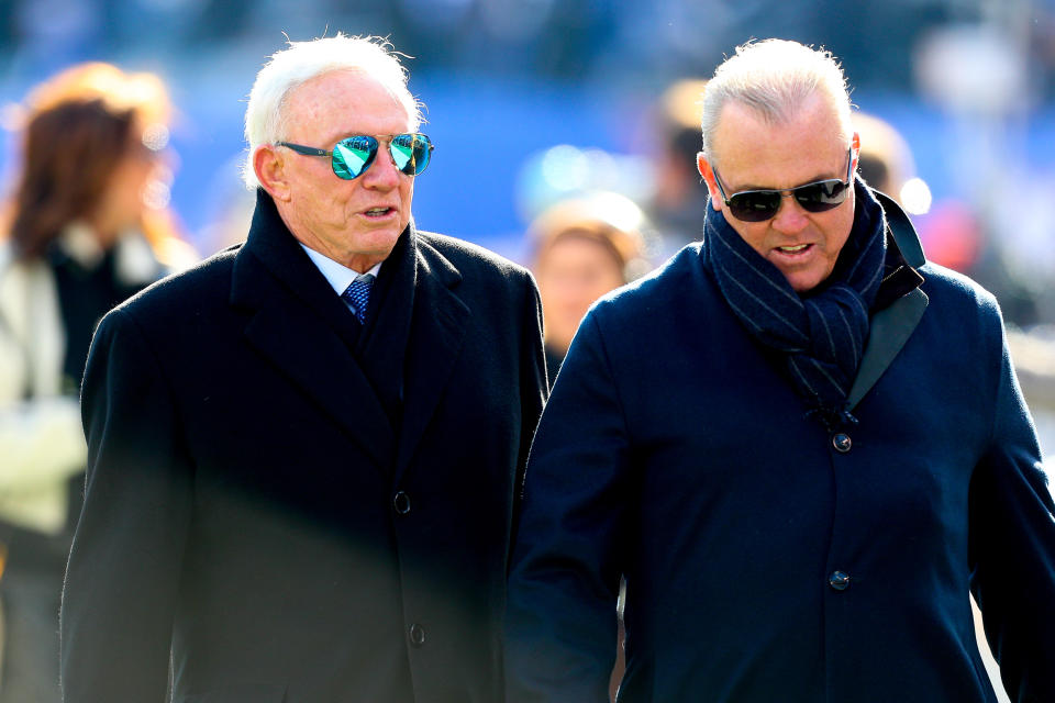 Jerry and Stephen Jones have mounted an aggressive campaign denying reports about Scott Linehan’s job status. (Getty)