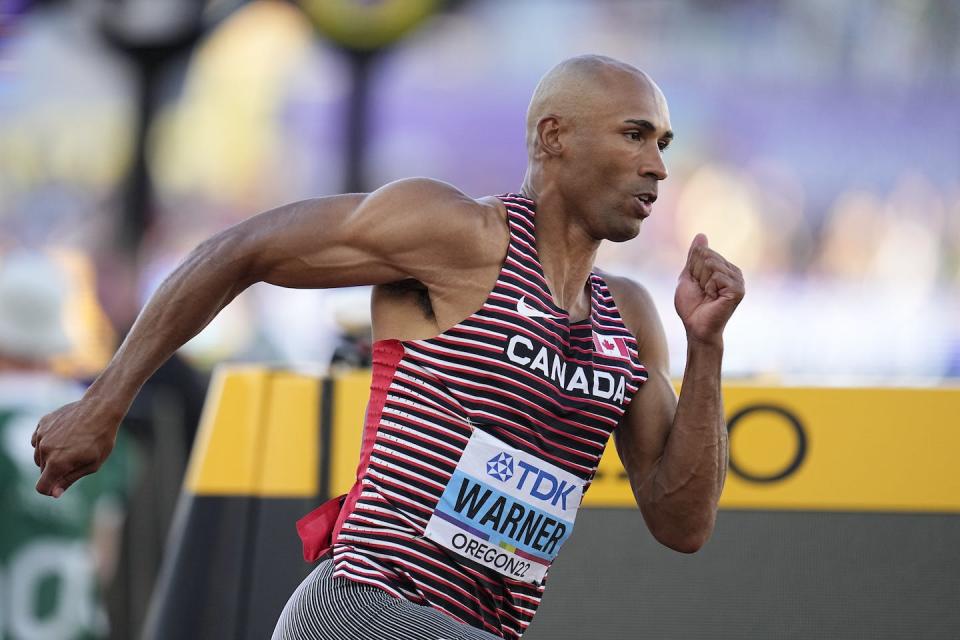 Damian Warner, pictured here during the decathlon 400-metre run at the World Athletics Championships in July 2022, was the recipient of last year’s Lou Marsh Trophy. (AP Photo/Ashley Landis)