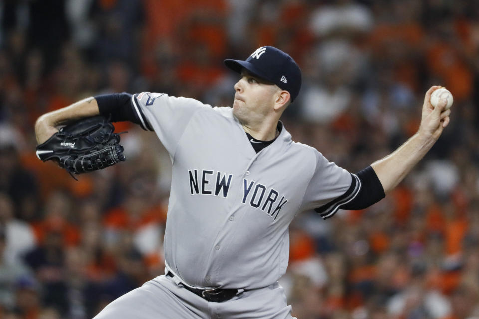 New York Yankees starting pitcher James Paxton throws against the Houston Astros during the first inning in Game 2 of baseball's American League Championship Series Sunday, Oct. 13, 2019, in Houston. (AP Photo/Matt Slocum)