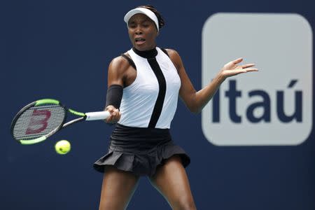 Mar 21, 2019; Miami Gardens, FL, USA; Venus Williams of the United States hits a forehand against Dalila Jakupovic of Slovenia (not pictured) in the first round of the Miami Open at Miami Open Tennis Complex. Geoff Burke
