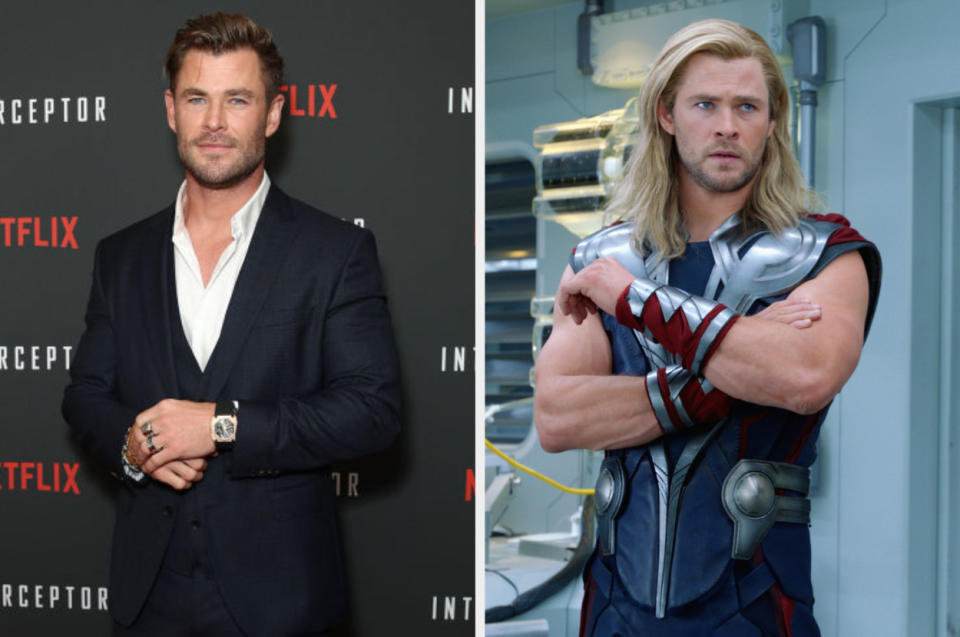 side by side of Chris Hemsworht at an event and as Thor