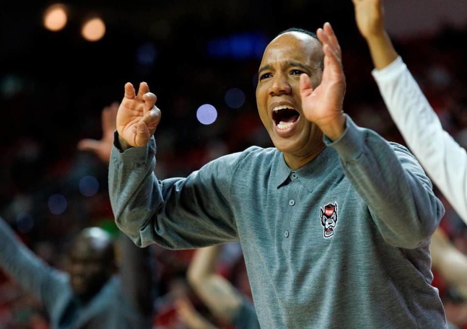 N.C. State head coach Kevin Keatts gives instructions from the sideline during the second half of the Wolfpack’s 82-70 win over Saint Louis on Wednesday, Dec. 20, 2023, at PNC Arena in Raleigh, N.C.