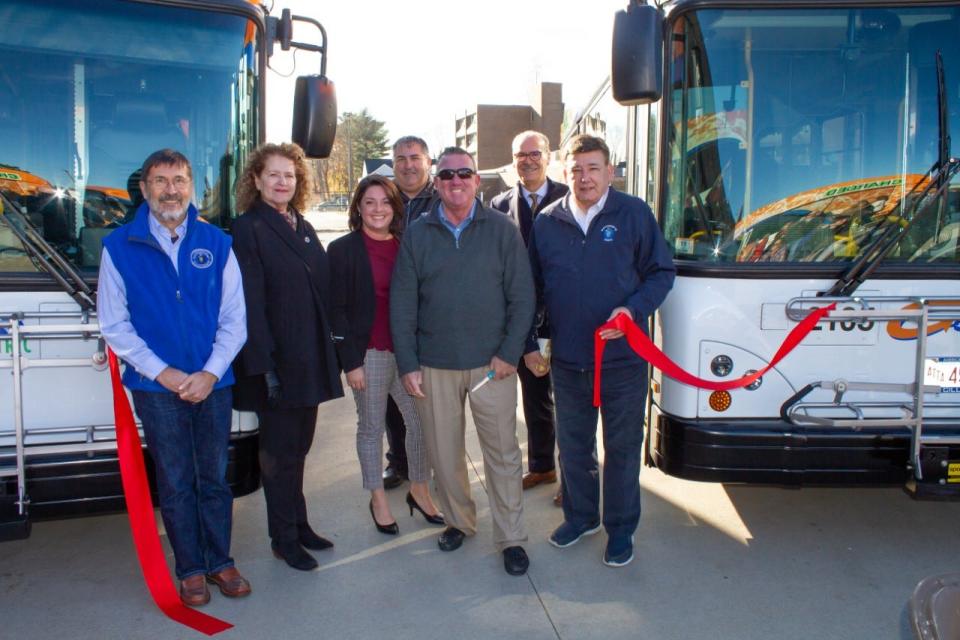 From left, Jim Hawkins, Representative Attleboro, Carol Doherty, Representative Taunton, Amanda Barlow Deputy Administrator GATRA, Mark A. Sousa Administrator GATRA (front), Peter Corri TMLP Comissioner, Jerry Sheehan Sales Rep, GILLIG.