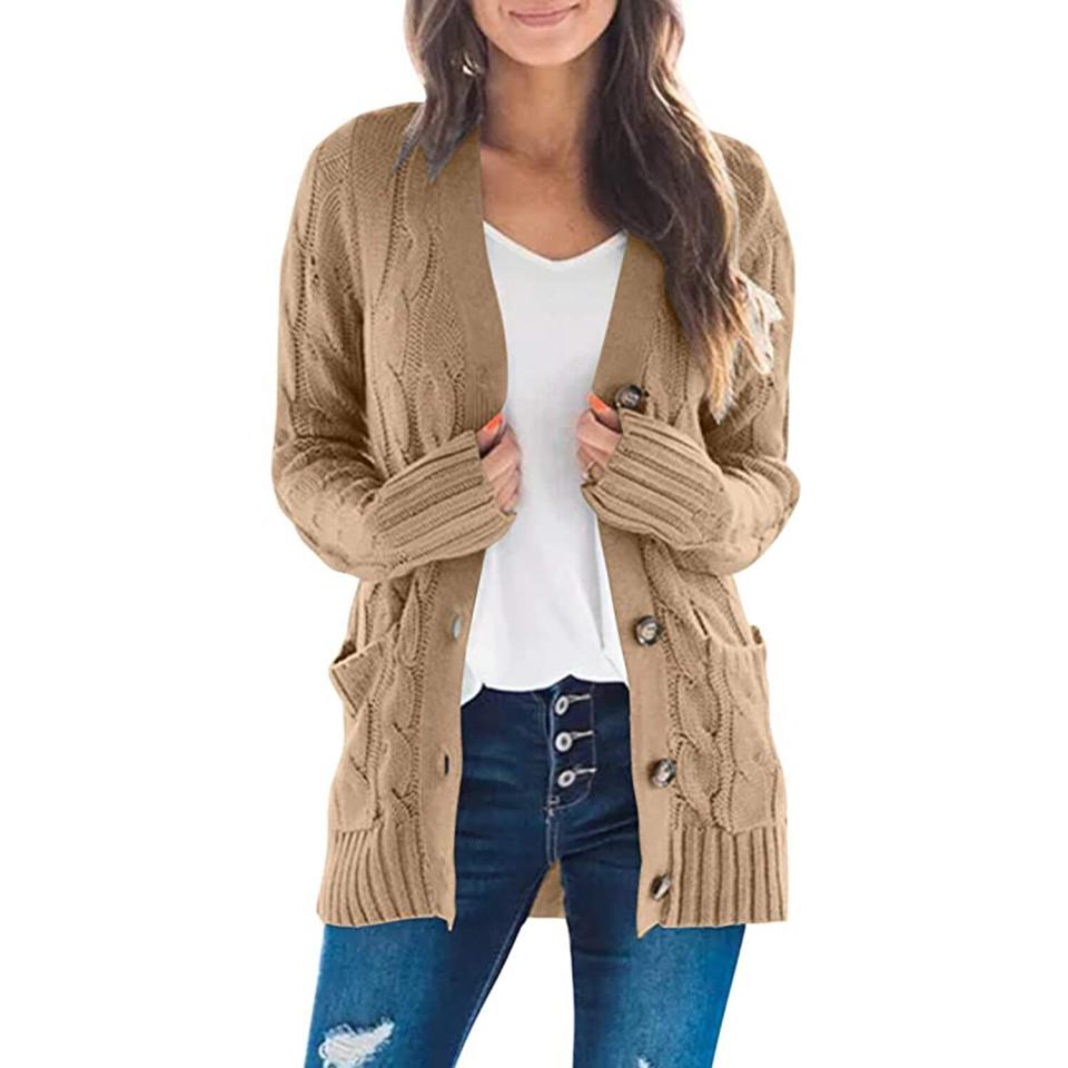 MEROKEETY Women's Long Sleeve Cable Knit Sweater Open Front Cardigan Button Loose Outerwear