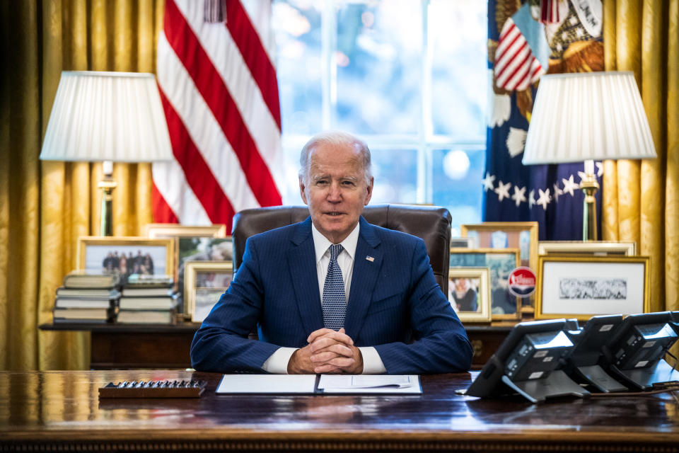 President Joe Biden speaks in the Oval Office on Dec. 13, 2021. (Shawn Thew / EPA / Bloomberg via Getty Images file)