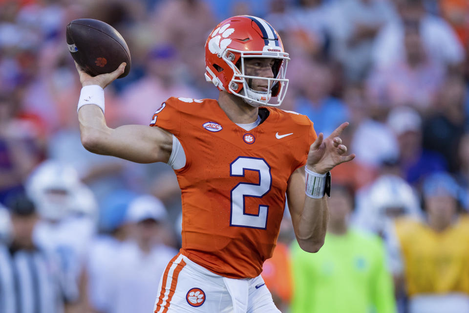Clemson quarterback Cade Klubnik (2) looks to pass the ball during the first half of an NCAA college football game against North Carolina, Saturday, Nov. 18, 2023, in Clemson, S.C. (AP Photo/Jacob Kupferman)