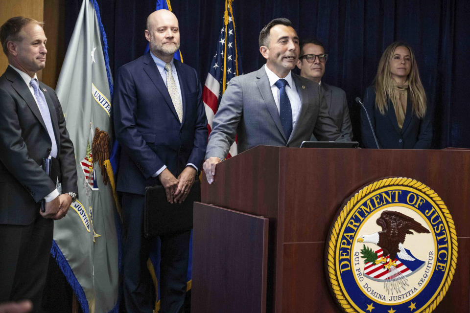 U.S. Attorney Martin Estrada announces in Los Angeles on Tuesday, Aug. 29, 2023 the multinational take down operation of Qakbot malware which infected more than 700,000 computers including LAUSD and San Bernardino County Sheriff Department computer systems. (Sarah Reingewirtz/The Orange County Register via AP)