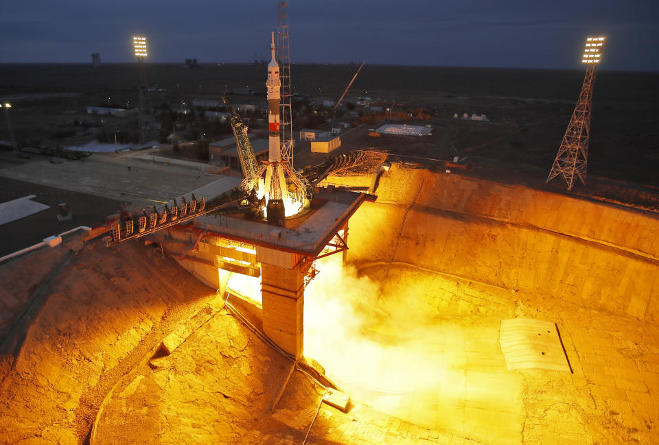 The Soyuz-FG rocket booster with Soyuz MS-15 space ship carrying a new crew to the International Space Station, ISS, blasts off at the Russian leased Baikonur cosmodrome, Kazakhstan, Wednesday, Sept. 25, 2019. The Russian rocket carries U.S. astronaut Jessica Meir, Russian cosmonaut Oleg Skripochka, and United Arab Emirates astronaut Hazza Almansoori. (AP Photo/Dmitri Lovetsky)