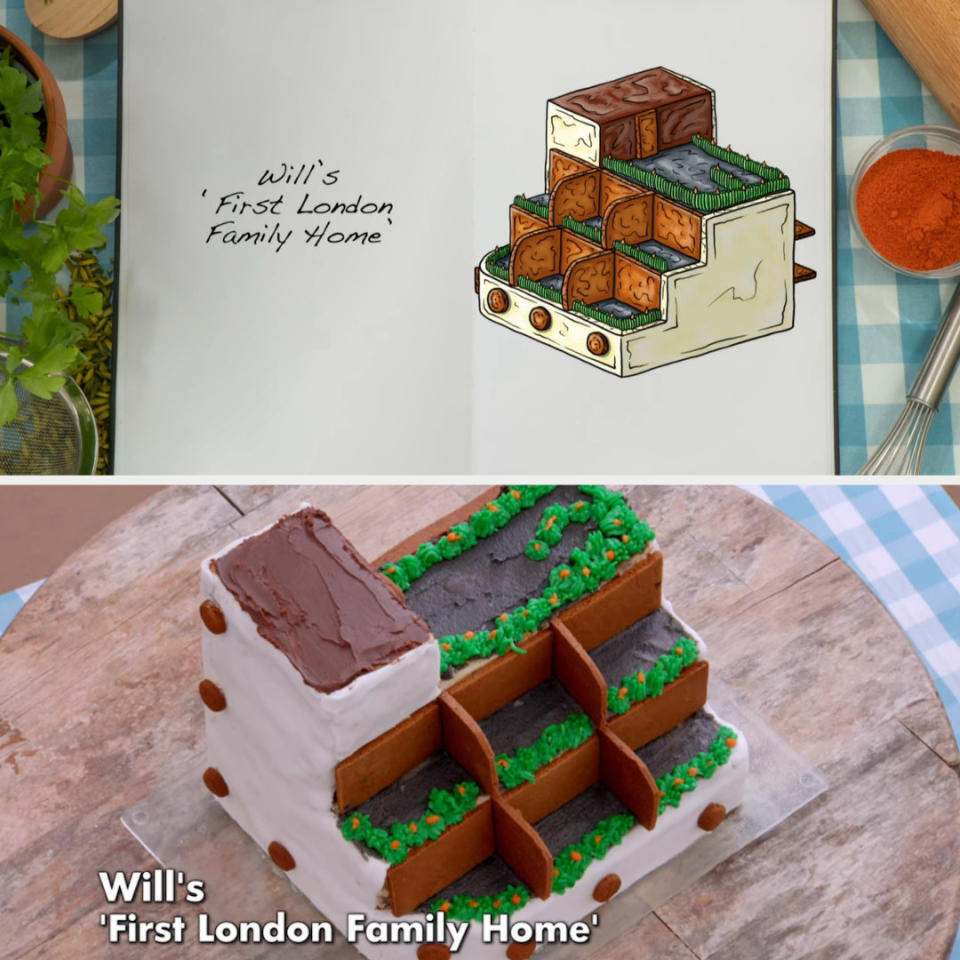 Drawing of Will's showstopper cake side by side with the actual bake