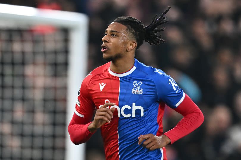 LONDON, ENGLAND - MAY 6: Michael Olise of Crystal Palace celebrates after scoring his team's first goal during the Premier League match between Crystal Palace and Manchester United at Selhurst Park on May 6, 2024 in London, United Kingdom.