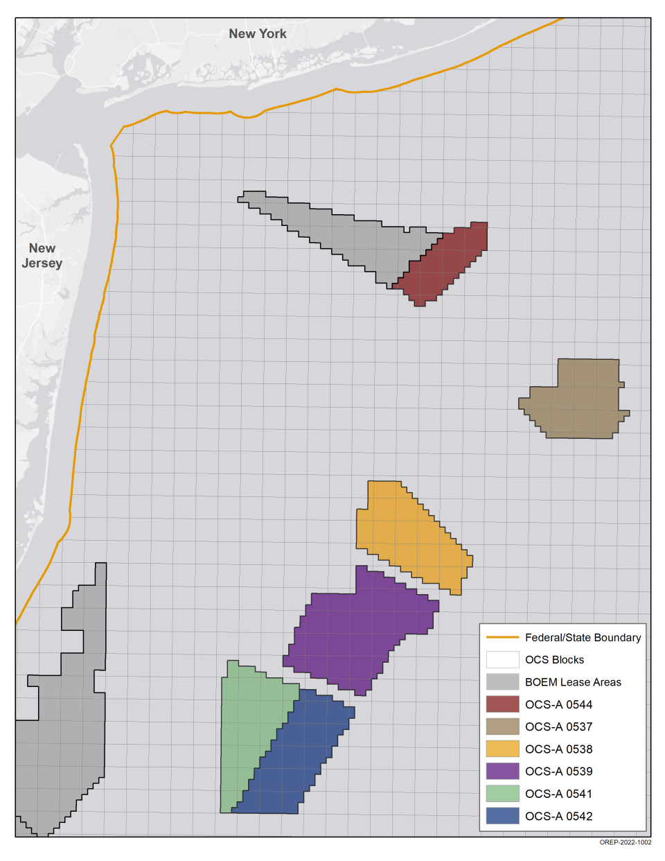 Six offshore wind energy lease areas called the New York Bight, shown in color, are east of New Jersey's wind lease areas, shown in gray.