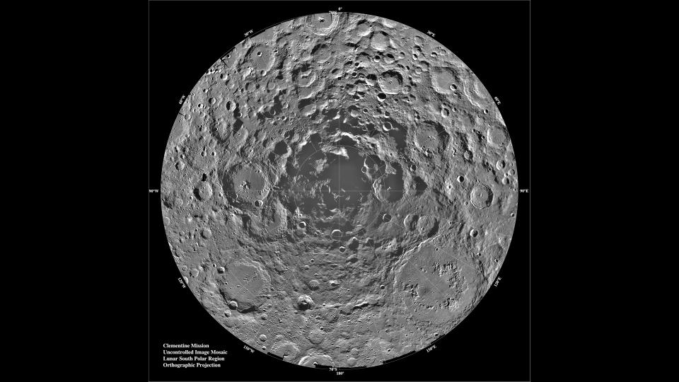 a photograph of the moon's south pole showing numerous craters