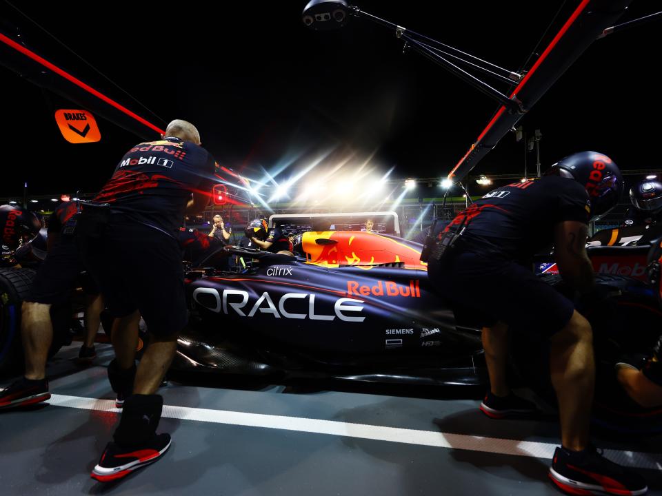The Red Bull Racing team practice pitstops during previews ahead of the 2022 F1 Grand Prix of Singapore at Marina Bay Street Circuit.