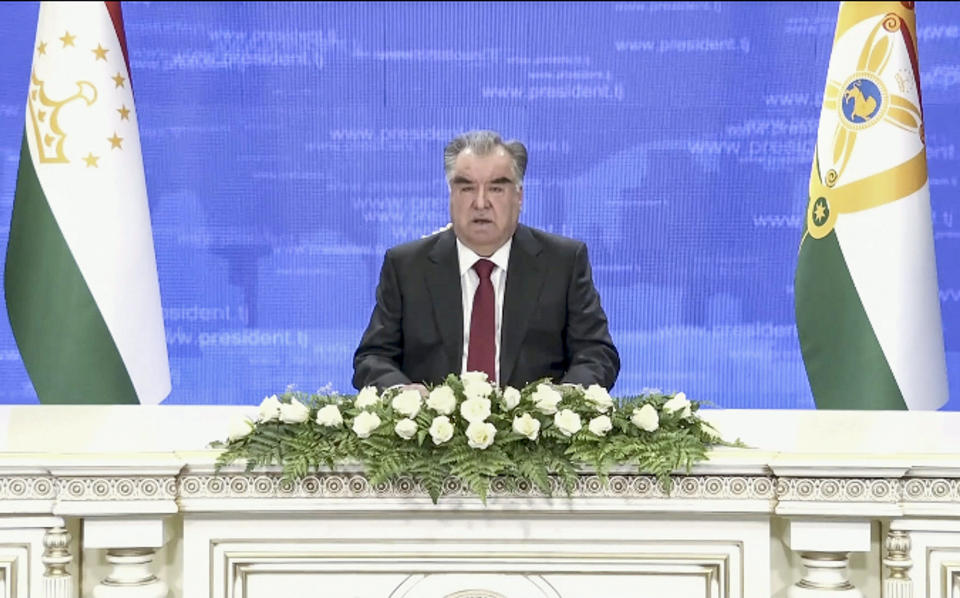 In this image taken from video provided by UN Web TV, Emomali Rahmon, President of Tajikistan, remotely addresses the 76th session of the United Nations General Assembly in a pre-recorded message, Thursday Sept. 23, 2021 at UN headquarters. (UN Web TV via AP)