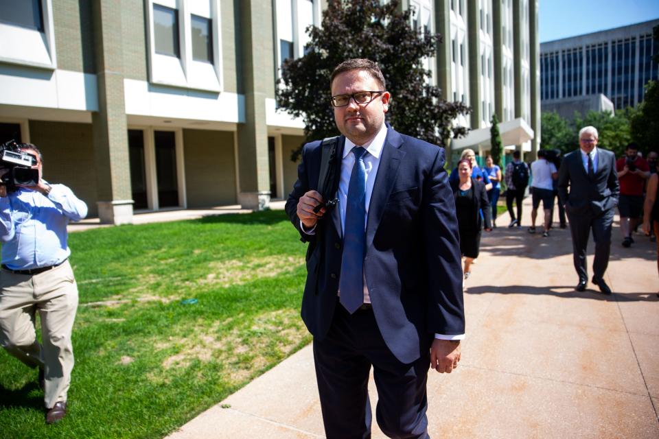 Attorney for Barry Croft Jr., Joshua Blanchard, speaks to the media after Croft was found guilty on all charges in the Whitmer kidnapping plot Tuesday, Aug. 23, 2022, at the Gerald R. Ford Federal Building in downtown Grand Rapids. 