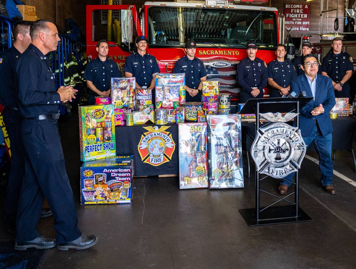 The Sacramento Fire Department, in coordination with City Councilman Eric Guerra, hosts a press conference on June 22 about reporting illegal fireworks and how to spot them. Both legal and illegal fireworks sit on the table in Sacramento Fire Station 10.