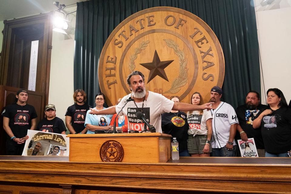 Manuel Oliver speaks during a press conference alongside families affected by the Robb Elementary, Santa Fe High School and Parkland (Fla.) High School shootings to advocate for gun safety at the Capitol on Monday