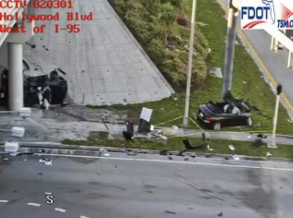 One of the cars was left rolled over on its side against the wall under the I-95 overpass. The other wrecked car was pressed up against a pole.The I-95 ramp remains closed. Hollywood Boulevard is also closed in both directions, according to Hollywood police. 