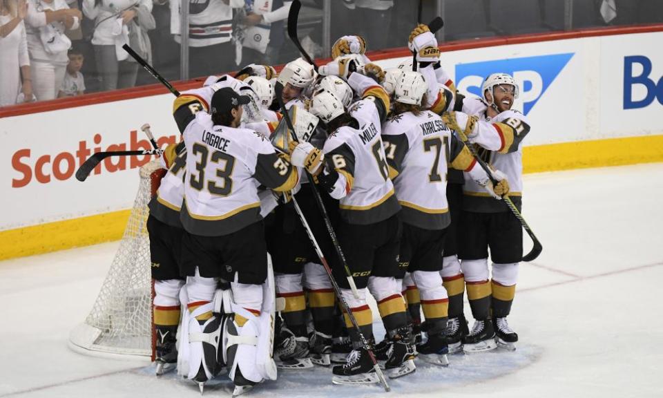 The Vegas Golden Knights celebrate defeating the Winnipeg Jets to make the Stanley Cup finals