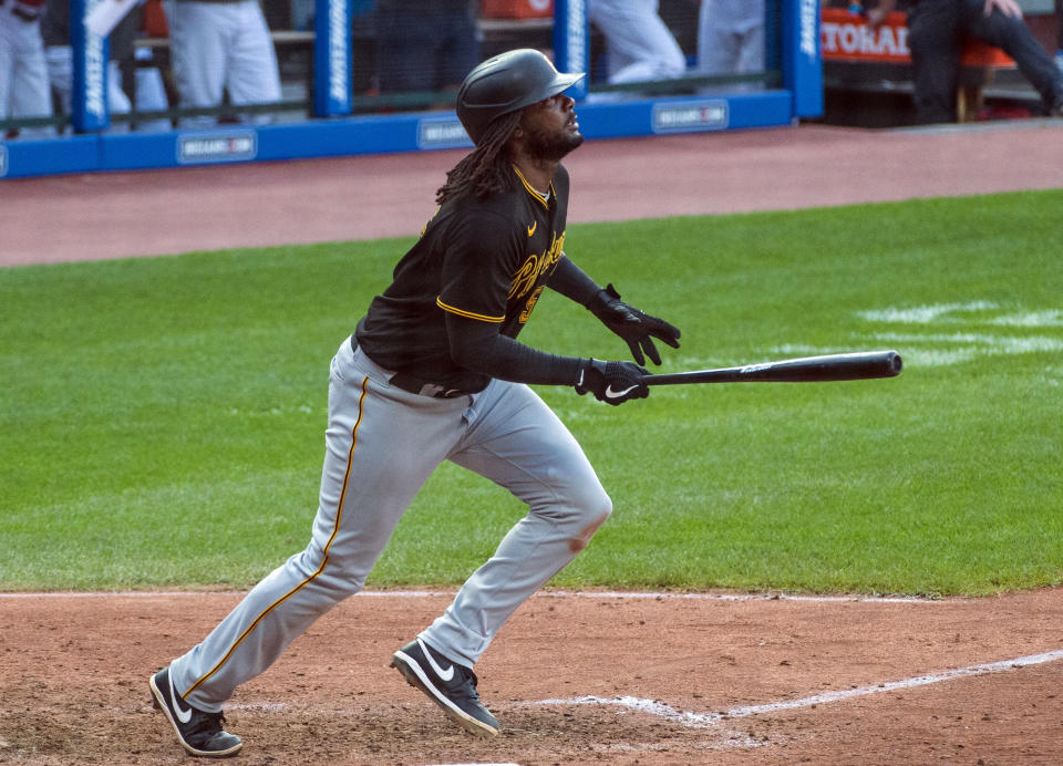 Pittsburgh Pirates' Josh Bell watches his flyout to right field to end a baseball game against the Cleveland Indians in Cleveland, Sunday, Sept. 27, 2020. (AP Photo/Phil Long)