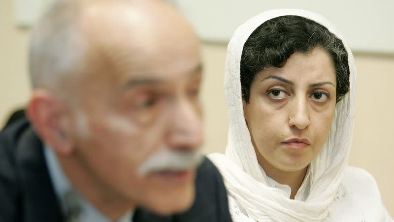 Iranian Narges Mohammadi, right, from the Center for Human Rights Defenders, listens to Karim Lahidji, president of the Iranian League for the Defence of Human Rights, during a press conference on the Assessment of the Human Rights Situation in Iran, at United Nations headquarters in Geneva, Switzerland, on June 9, 2008. The Nobel Peace Prize has been awarded to Mohammadi for fighting oppression of women in Iran.